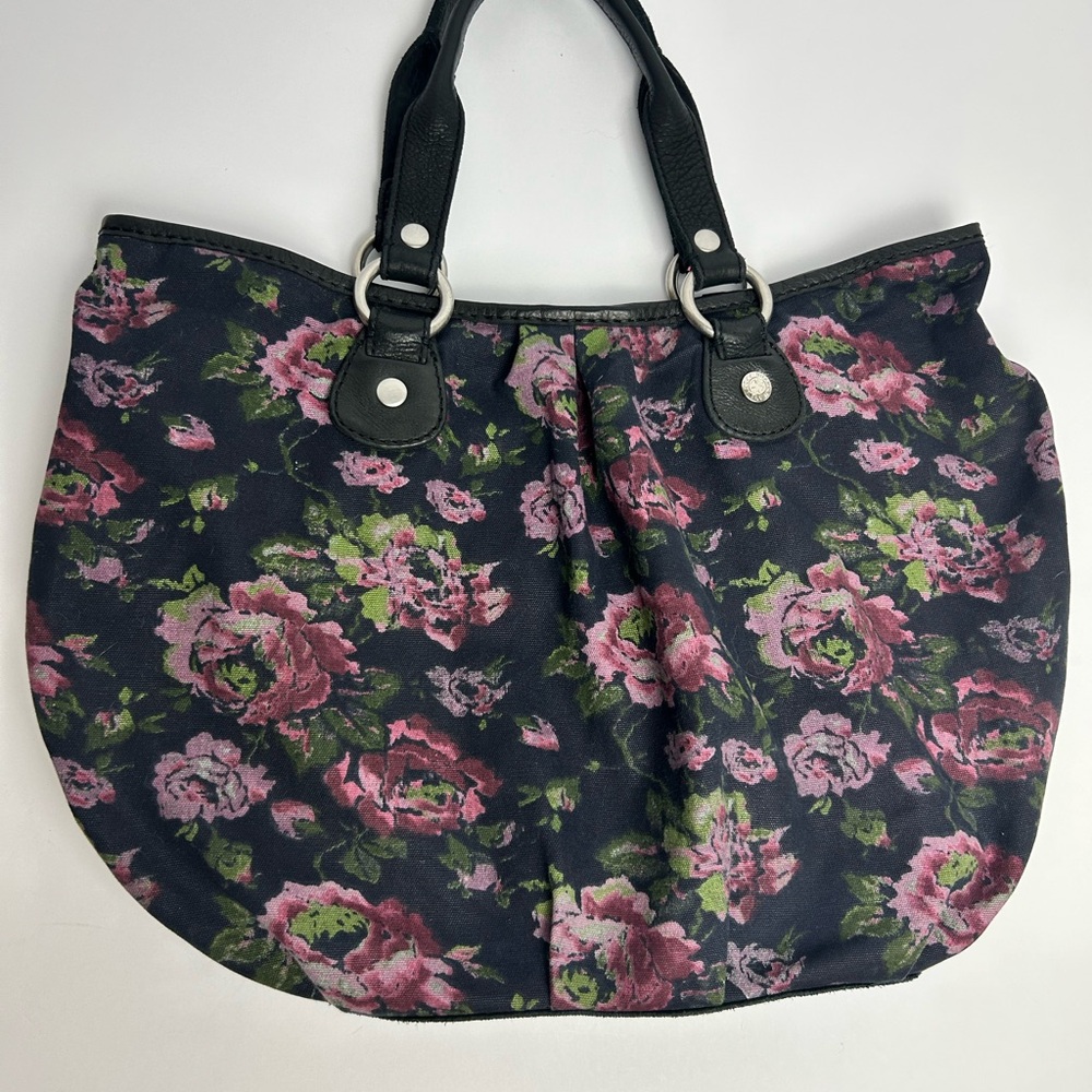Vintage LUCKY Hobo Floral Cotton Black Tote Bag Leather Trim and Straps - Picture 2 of 12